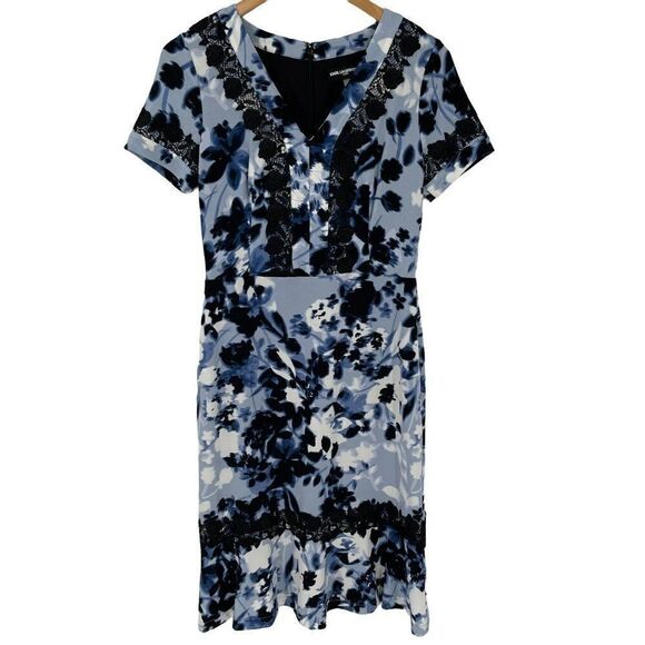 Karl Lagerfeld V-Neck Floral Short Sleeve Midi Sheath Dress Lace Ruffle Blue 2 - Picture 1 of 13